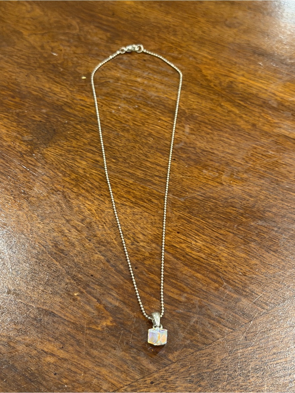 Vintage Aurora Borealis AB Crystal Cube Pendant Bead Chain Necklace 19”